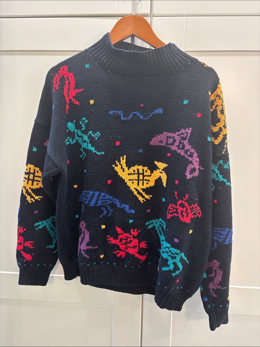 Black Crewneck Sweater with Multicolor Graphic Motifs
